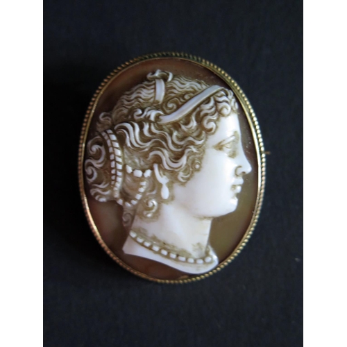 497 - A 9ct Gold Hardstone Cameo Brooch decorated with a lady's head in profile, 42x35mm, 20g. (Phone Bid ... 