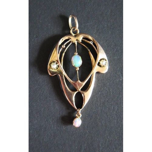 508 - An Art Nouveau 9ct Gold, White Opal and Pearl Pendant, 52mm drop, 3.9g