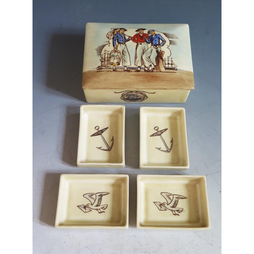 67 - A Royal Doulton Ceramic Cigarette Box decorated with three sailors and containing four ashtrays deco... 