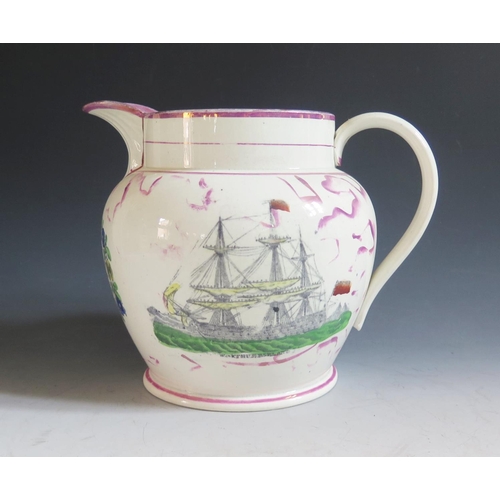 70 - A Large Sunderland Lustre Jug decorated with ship's portrait of Northumberland (launched at South Sh... 