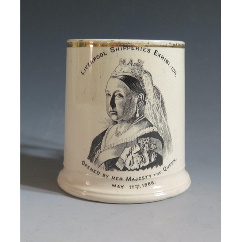 81 - A LIVERPOOL SHIPPERIES EXHIBITION Mug decorated with a portrait of Queen Victoria who opened it May ... 