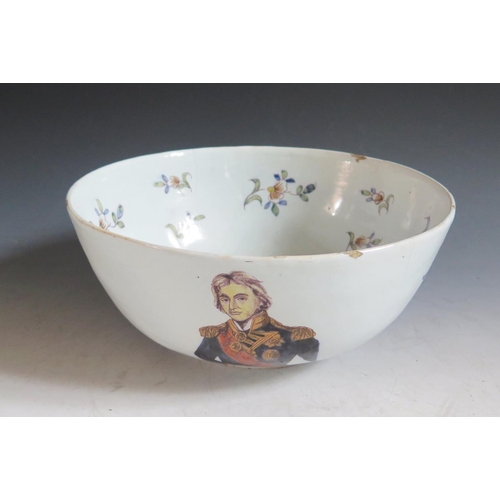 90 - A Unique Majolica Bowl decorated with a half length portrait of Nelson, a ship and flowers, late 18t... 