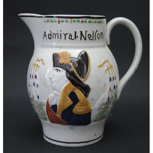 91 - A Prattware Admiral Nelson and Captain Hardy jug, circa 1805, 16.5cm