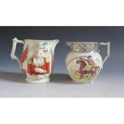 94 - A Prattware Jug depicting Lord Wellington and General Hill (13cm) and one other of Wellington in the... 