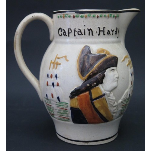 92 - A Prattware Admiral Nelson and Captain Hardy jug, circa 1805, 16.5cm