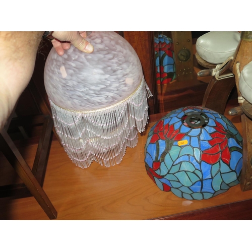 1065 - A Pair of Glass Lamp Shades with bead Tassels and one coloured and leaded glass shade