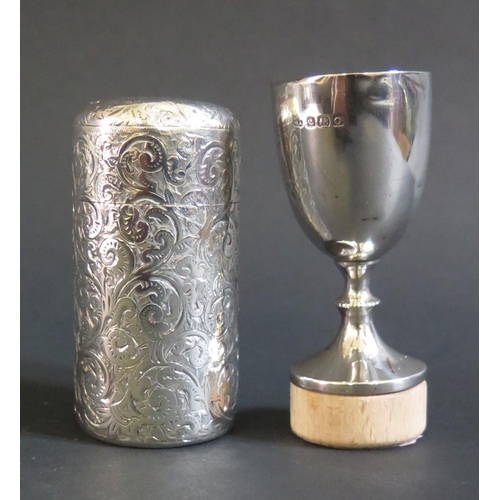 112 - A Sterling Silver Cased Smelling Salts Flask (7cm) and small presentation cup