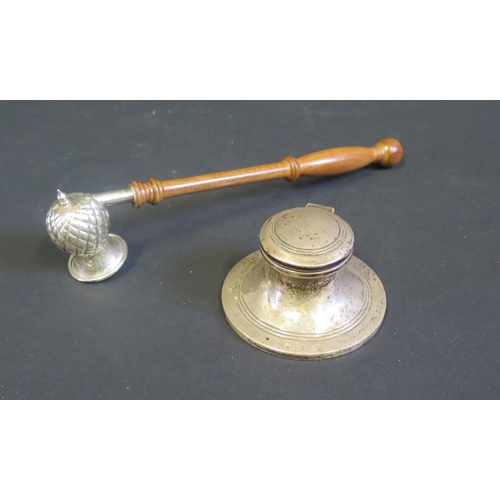 115 - A Modern Silver Candle Snuffer, Birmingham 1989, B.S, 19cm long and capstan inkwell (Birmingham 1909... 