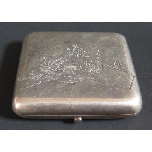 151 - A Russian Silver Cigarette Case, the spring loaded cover decorated with a chased stylized landscape ... 