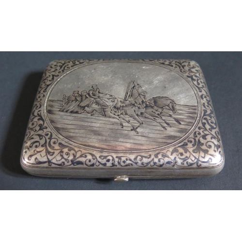 152 - A Russian Silver and Niello Engraved Cigarette Box decorated with a scene of family on a twin horse ... 