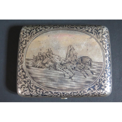 152 - A Russian Silver and Niello Engraved Cigarette Box decorated with a scene of family on a twin horse ... 