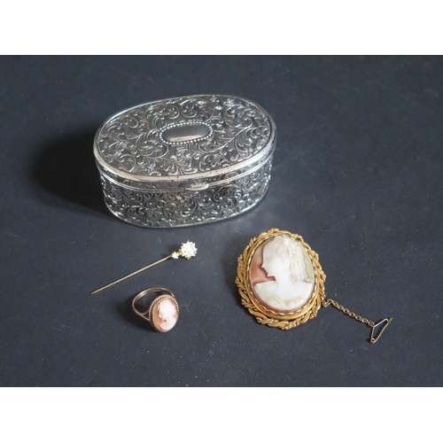 155 - A 9ct Gold Shell Cameo Ring size M.5 3g, cameo brooch, pin, ring box and silver plated doll's house ... 