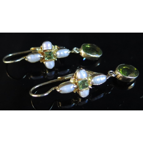 205 - A Pair of Sterling Silver Gilt, Peridot and Blister Pearl Pendant Earrings, 42mm drop