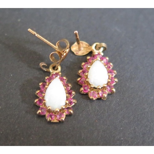 214 - A Pair of 9ct Gold Opal and Ruby Pendant Earrings, 1.2g