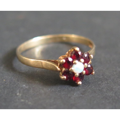 215 - A 9ct Gold, Opal and Garnet Cluster Ring, size Q, 1.7g