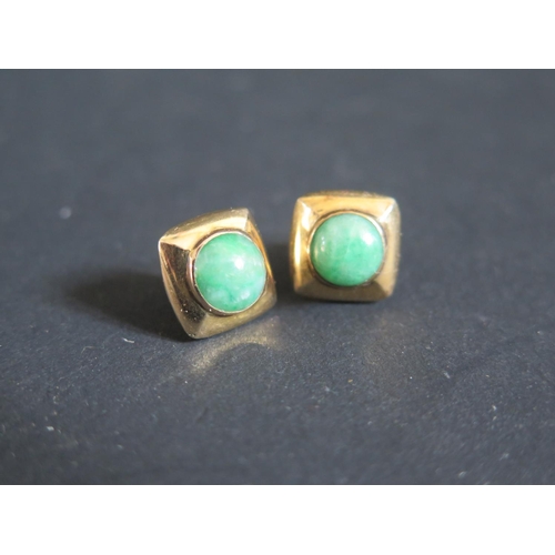 220A - A Pair of Chinese Jadeite Stud Earrings with 14K yellow gold settings (12mm sq. 5.2g) and Chinese gi... 