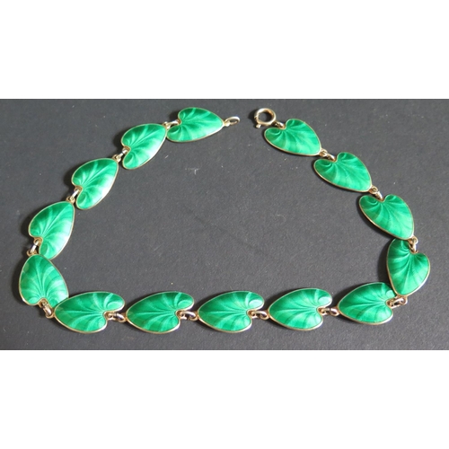 220H - A Danish Sterling Silver Gilt and Green Enamel Necklace, 35cm, 29.7g