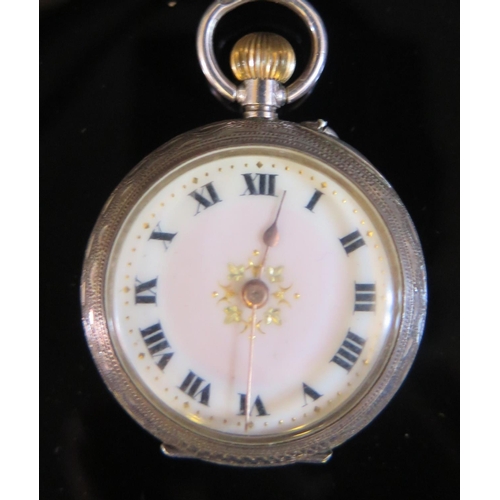 226A - A Ladies Silver Cased Fob Watch with pink enamel dial