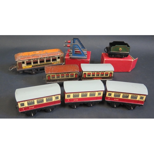 266 - A Selection Hornby Passenger Cars, Tender, Buffer Stop and one unmarked.