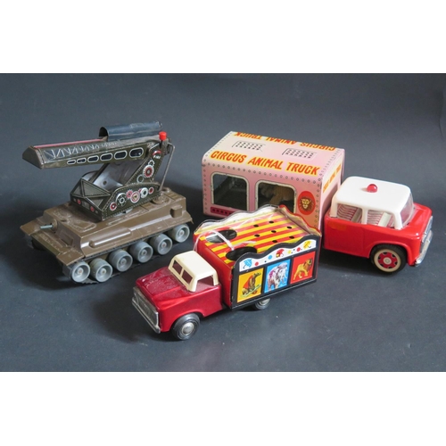 277 - A China Tintoy MF 782 Circus Animal Truck 23.5cm approx., A Japanese TPS Missile Tank (missing missi... 