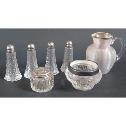 28 - A Victorian Glass and Silver Mounted Jug (London 1892), silver mounted cruets etc.