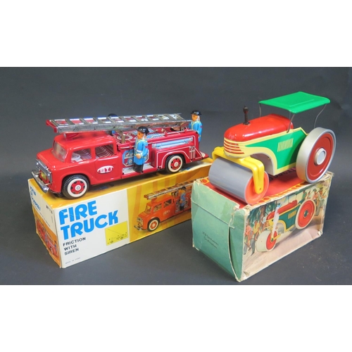 282 - A China Tinplate MF 718 Fiction Fire Truck Mint/near mint in box and Strassenwalze VEB Spielwaren Gr... 