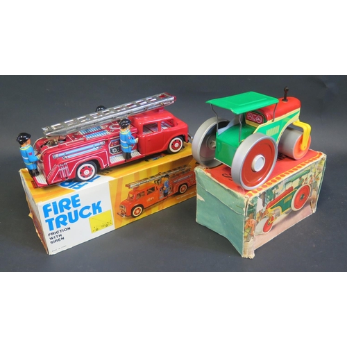 282 - A China Tinplate MF 718 Fiction Fire Truck Mint/near mint in box and Strassenwalze VEB Spielwaren Gr... 