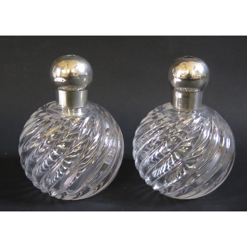 67 - A Pair of Victorian Silver Top Glass Atomisers (fittings missing), Birmingham 1888?, CM, 13.5cm high