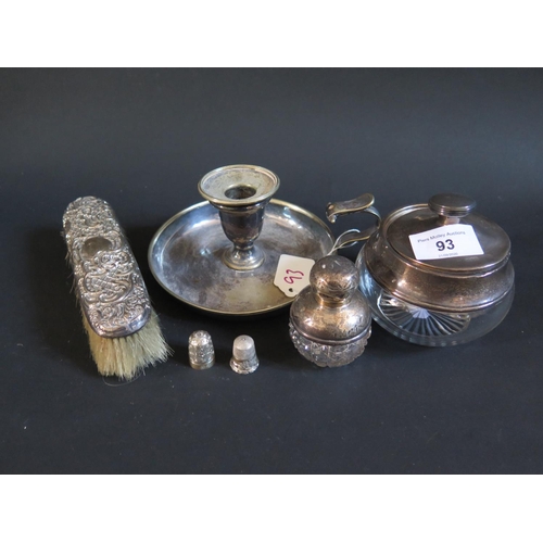 93 - Two Silver Thimbles (Birmingham 1901 J.F and CH8 DORCAS), silver mounted pot, scent bottle, silver b... 