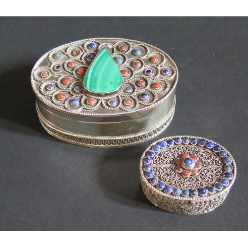 94 - Two Silver Boxes mounted with semi-precious stones, largest 7cm