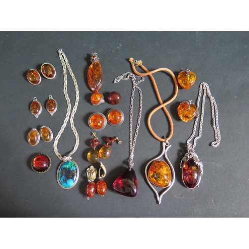 154F - A Collection of Silver Mounted and other Amber Pendants and Earrings , silver necklaces, Israeli sil... 