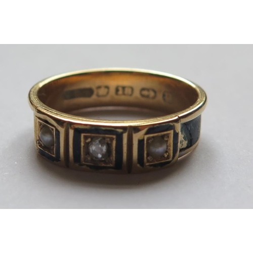 220 - A Victorian 18ct Gold, Black Enamel, Seed Pearl and Old Cut Diamond Mourning Ring, size K, 3.1g. Fau... 