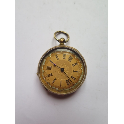 229B - A Damaged 18ct Gold Ladies Fob Watch, back loose, inner cover not gold, with running Girardin Swiss ... 