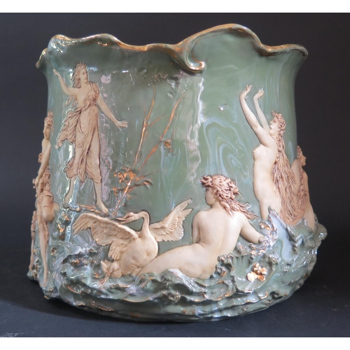 152 - A Marbled Green Ceramic Jardinière decorated with a high relief scene of Artemis with a variety of a... 