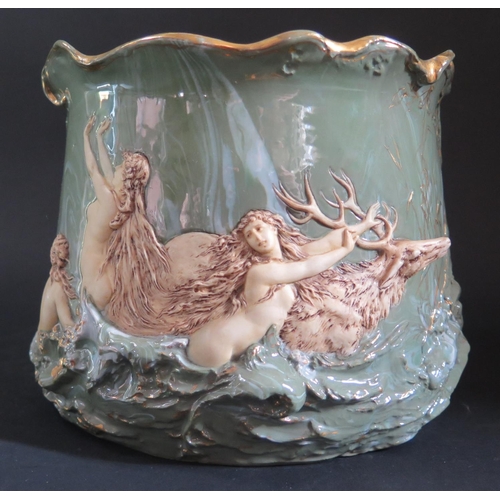 152 - A Marbled Green Ceramic Jardinière decorated with a high relief scene of Artemis with a variety of a... 