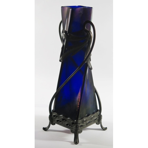 154 - An Art Nouveau Bronze Mounted Iridescent Amethyst Glass Vase, 33.5cm, one foot marked VIIII