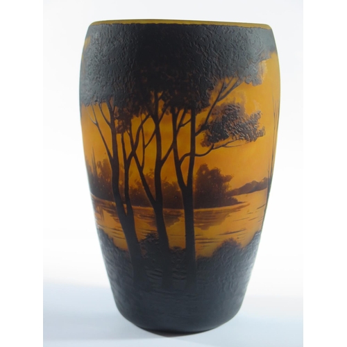 156 - A Muller Fres. Lunéville Cameo Glass Landscape Vase decorated with a wooded lake scene on an orange ... 