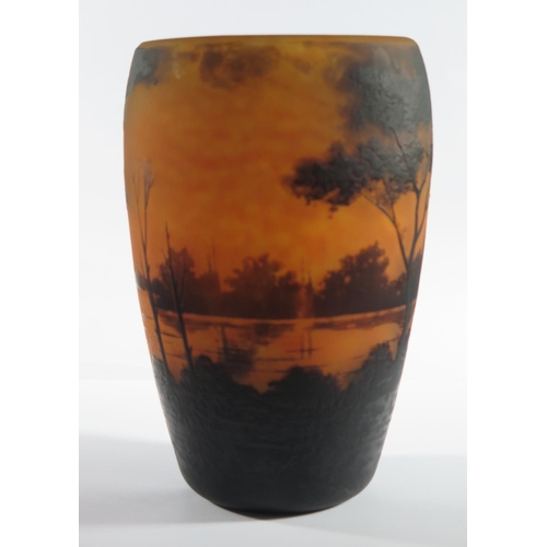 156 - A Muller Fres. Lunéville Cameo Glass Landscape Vase decorated with a wooded lake scene on an orange ... 