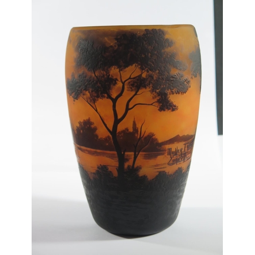 156 - A Muller Fres. Lunéville Cameo Glass Landscape Vase decorated with a wooded lake scene on an orange ... 