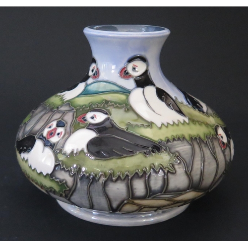 62 - A Modern Moorcroft Puffin Squat Vase by Carole Lovatt 1997, 10.5cm, boxed