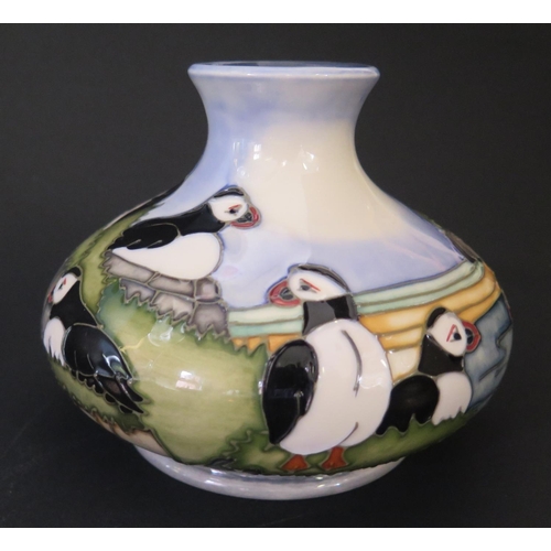 62 - A Modern Moorcroft Puffin Squat Vase by Carole Lovatt 1997, 10.5cm, boxed