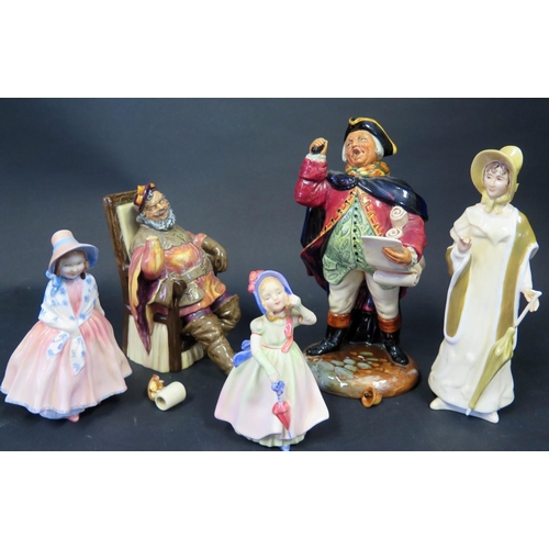 729 - Two Royal Doulton Figurines. The Foaming Quart HN2162 and Town Crier HN2119 (both damaged) and three... 