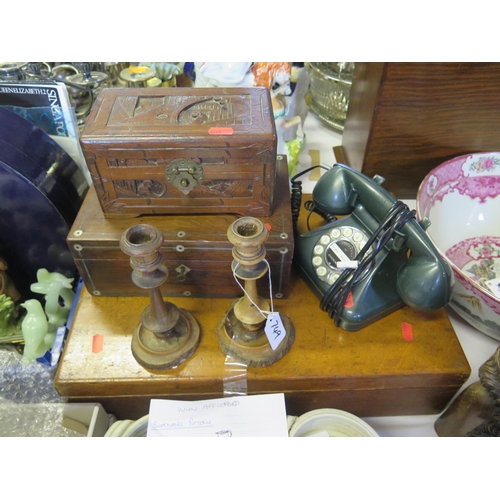 749 - A Victorian Rosewood and Mother of Pearl Inlaid Box, pair of olivewood candlesticks, oak canteen cas... 