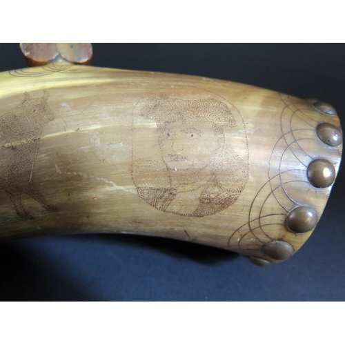 780A - A 19th Century Spanish Scrimshaw Cow Horn Powder Flask initialled S.T., dated 1886 and decorated wit... 