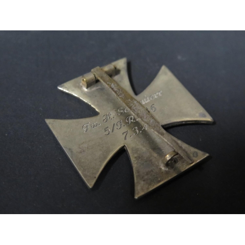 789 - A Cased WWII German Iron Cross with rare rounded 3 and engraved to Fw. H. Schöner 5/J.R. 446 7.3.42