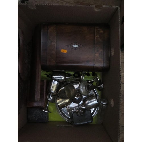 734A - A Box of Oddments including silver plate, Victorian parquetry box etc.