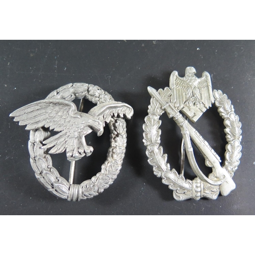 783d - A German WWII Infantry Assault Badge (clip broken) and Luftwaffe Observer's badge (de-Nazified)