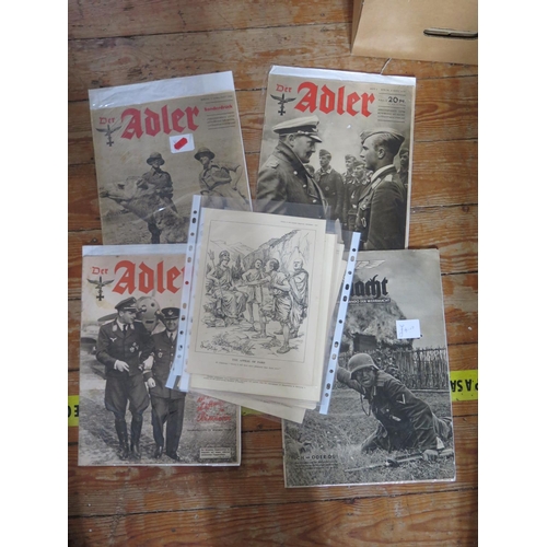 789G - Three German WWII Der Adler Magazines and one Wehrmacht and seven pages from Punch