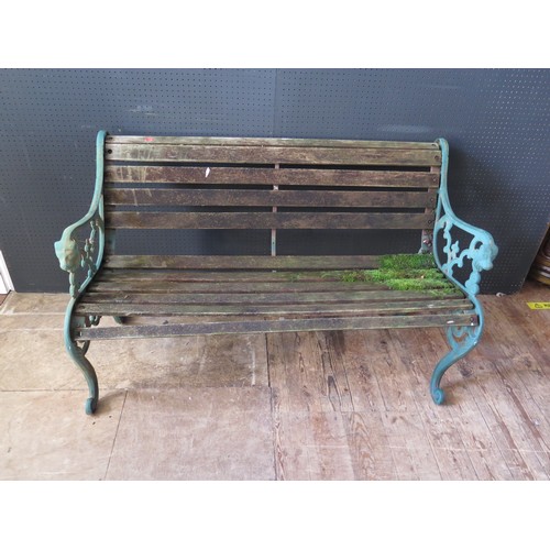 1082a - Cast Iron Garden Bench With Lion Head Decoration (Wooden Slated Seat)