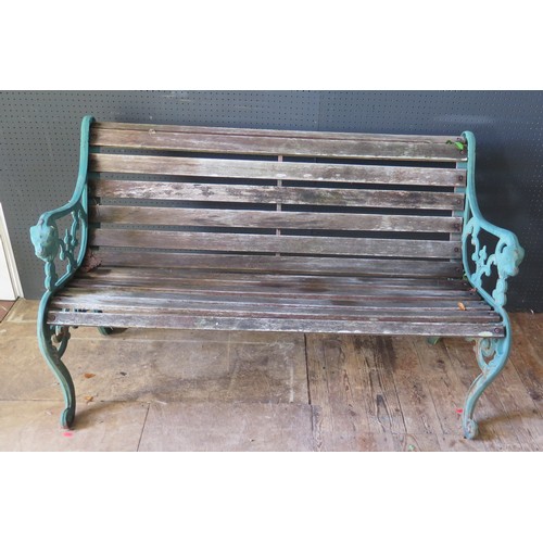 1082b - Cast Iron Garden Bench With Lion Head Decoration (Wooden Slated Seat)